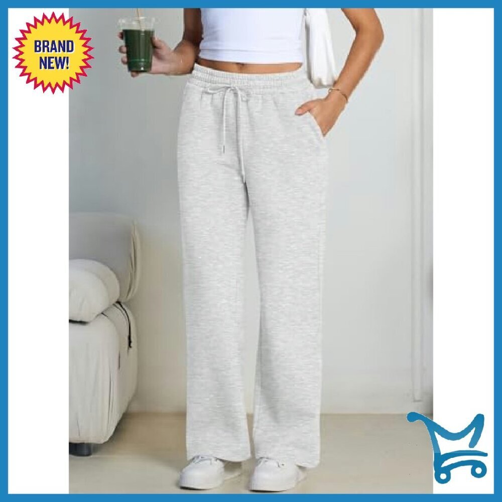Fleece Lined Wide Leg Sweatpants High Waist Baggy Joggers Lounge Travel - Picture 3 of 7